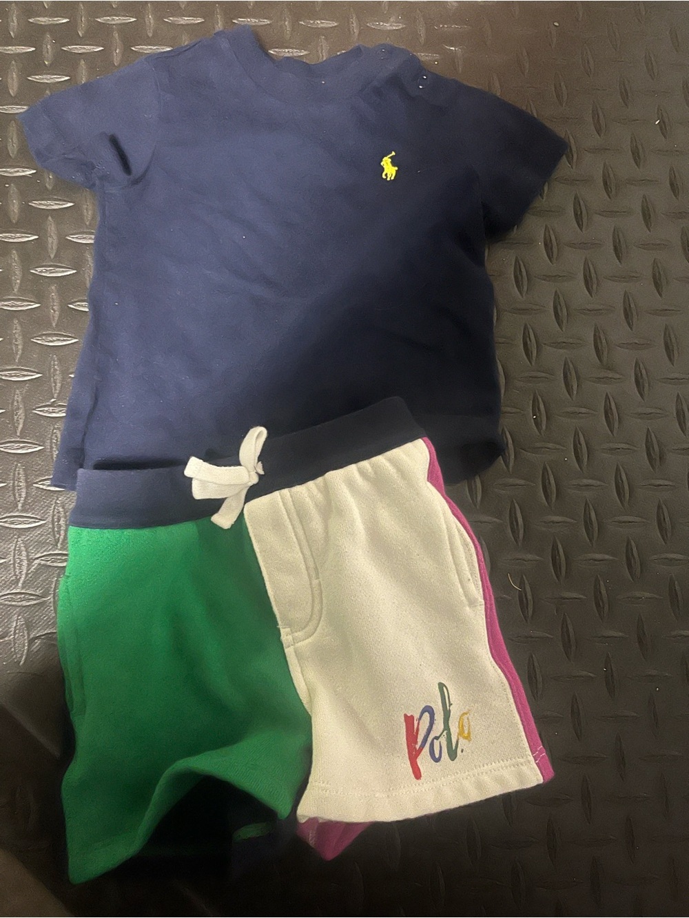Ralph Lauren Navy Tee with Multicolor Green, White & Pink Shorts